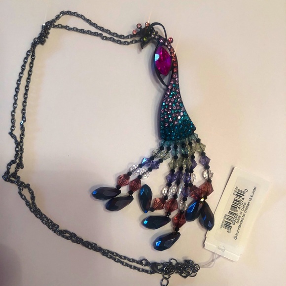 Betsey Johnson Hematite Tone Peacock Pendant Necklace Fringe & Crystal Accents - Picture 1 of 10